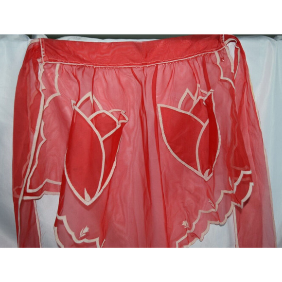 Vtg 50's Sheer Waist Apron Tulip Pockets Flocked White Trim Retro Traditional - Picture 4 of 9